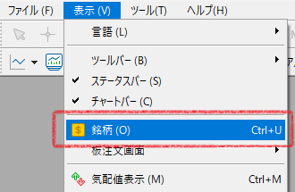 「表示」ドロップダウンメニューの中の「銘柄」の位置