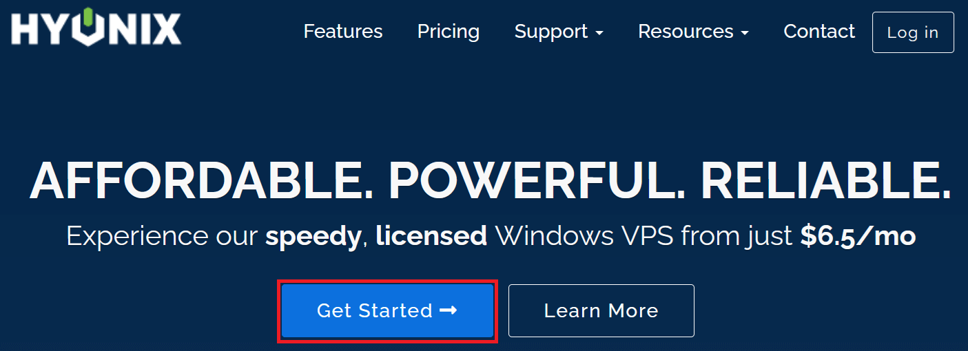 海外VPS業者「Hyonix」トップページの「Get Started」ボタンの位置