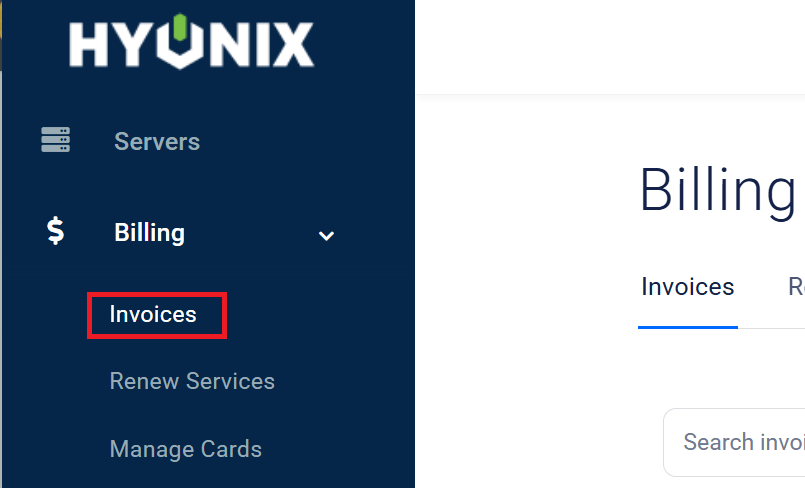海外VPS業者「Hyonix」マイページの「Invoices」メニューの位置