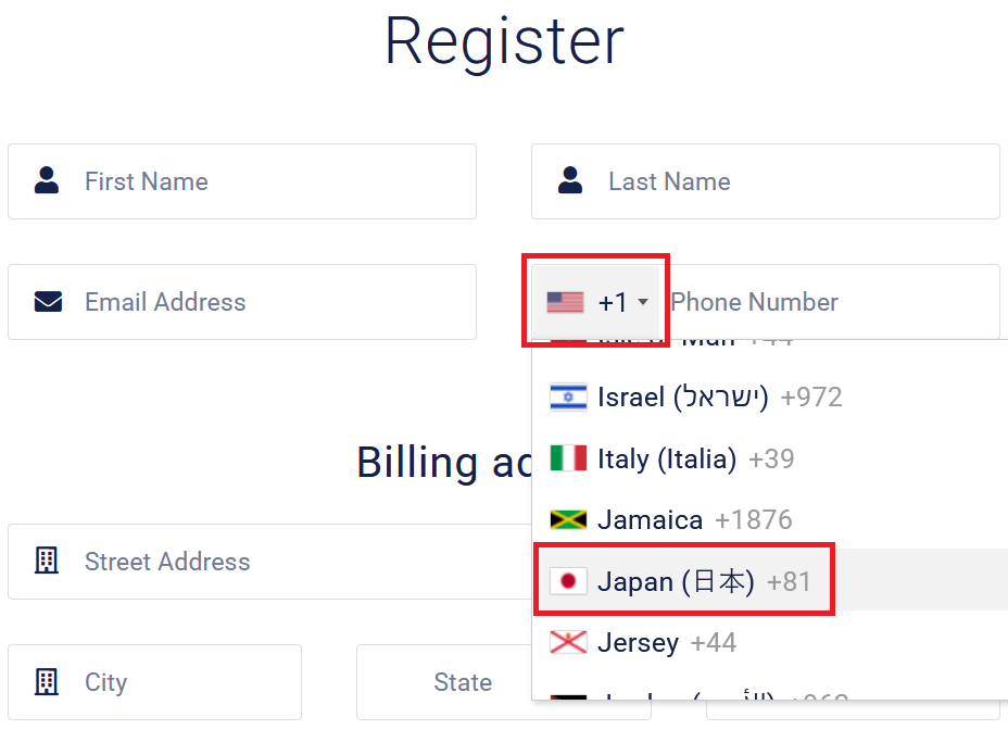 海外VPS業者「Hyonix」アカウント生成ページの国際電話の国番号選択ドロップダウンの位置