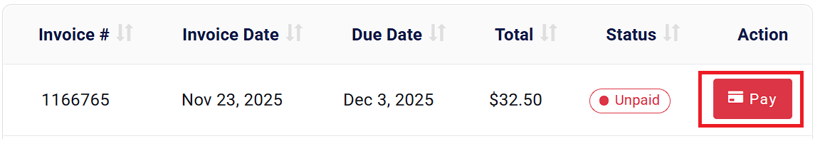 海外VPS業者「Hyonix」のマイページの「Invoices」一覧