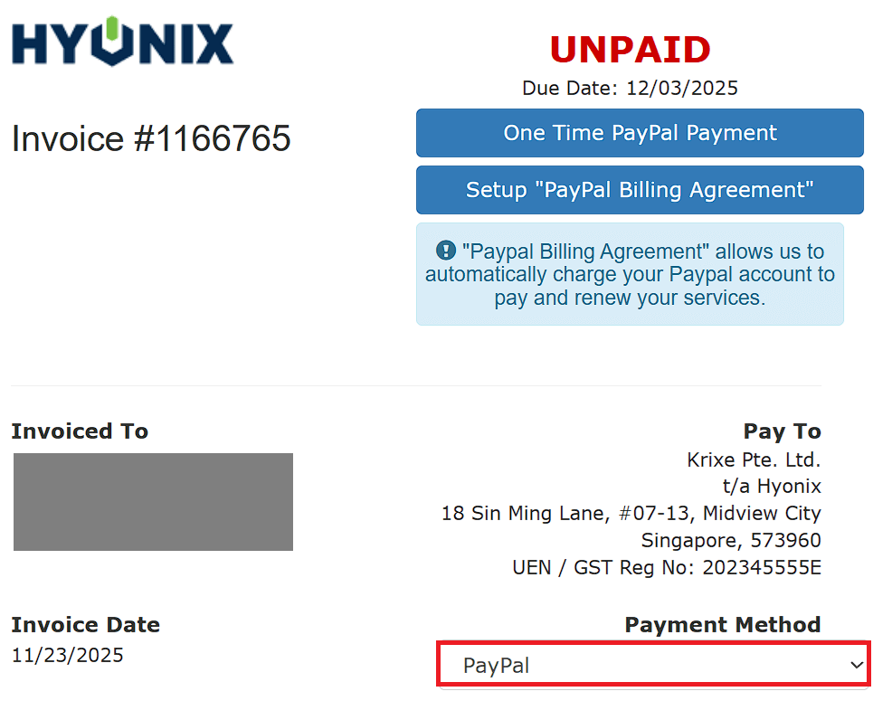 海外VPS業者「Hyonix」の請求書画面内の支払い方法選択ドロップダウンの位置