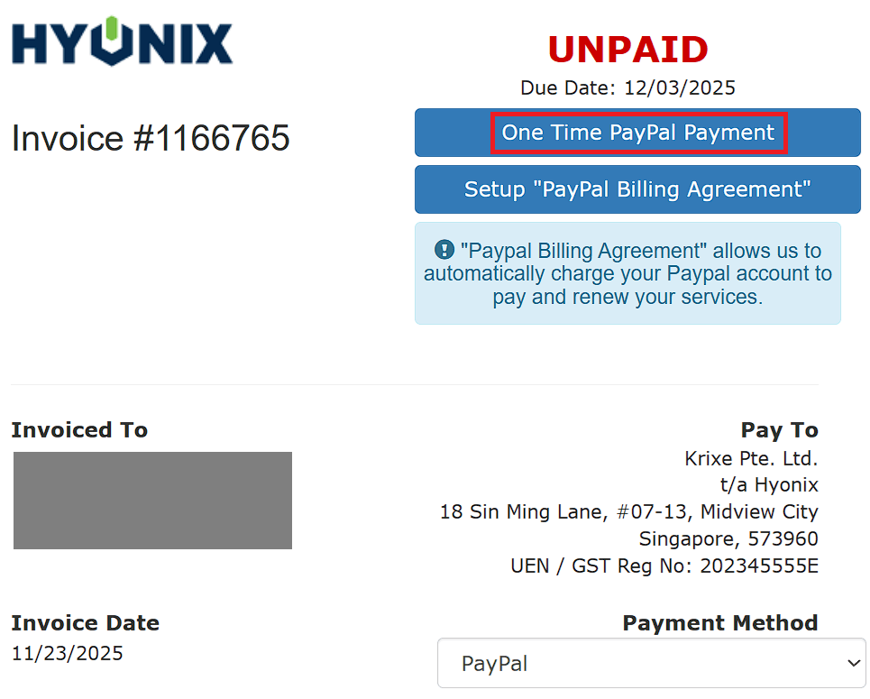 海外VPS業者「Hyonix」の請求書画面内のPayPalでの支払い実行ボタンの位置